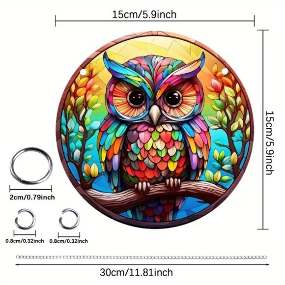 Owl Suncatcher Fantasy Lucky Vibrant Colorful Hanging In/Outdoor Wise Trendy Fun - Picture 2 of 3